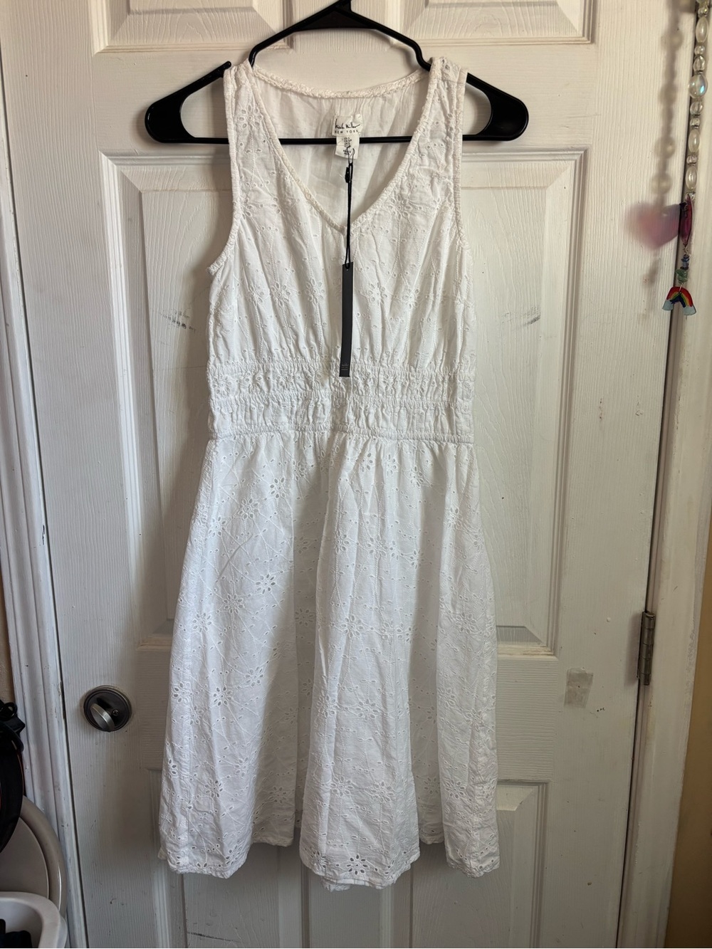 Sleeveless White Eyelet V-Neck Midi Dress